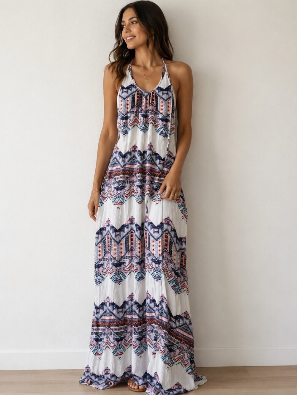 Black Bead White Maxi Dress with Navy, Pink & Teal Aztec Print